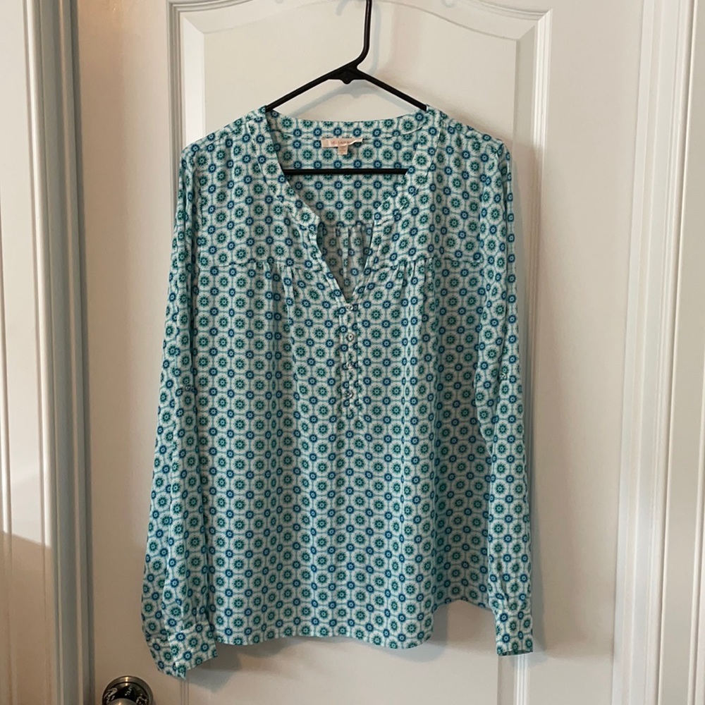 XL Blue/Green Patterned Blouse Skies Are Blue VG